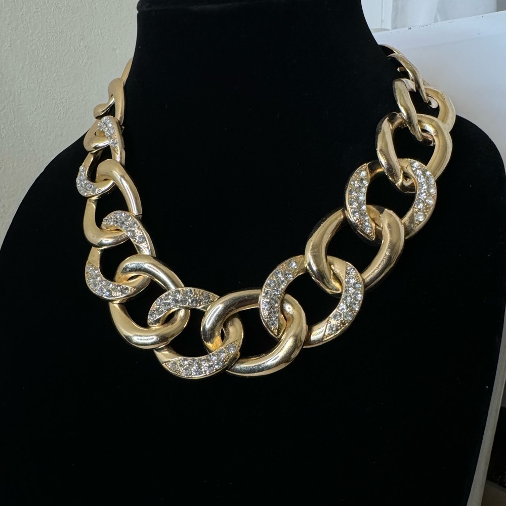 Gold-Tone Chunky Chain Necklace with Rhinestone Accents